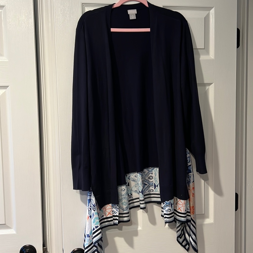 Like New - Navy Chicos cardigan with white satin bottom